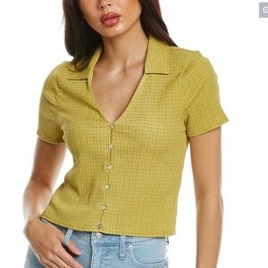 Madewell Lime Green Notched Button Front Y-Neck Collared Crinkle Fabric Sz XXS